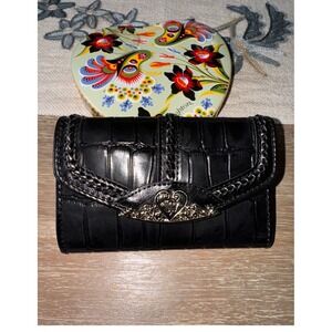 Brighton Black Croc Embossed Wallet Silver Heart Accent Small